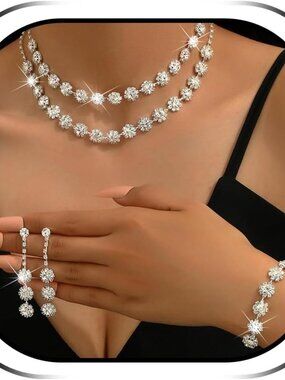 Prom Jewelry Set for Women Rhinestone Necklace Earrings Bracelet Set for Wedding